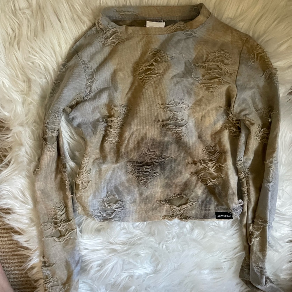 Korean brand - Anothera Distressed Tan Long Sleeve Top